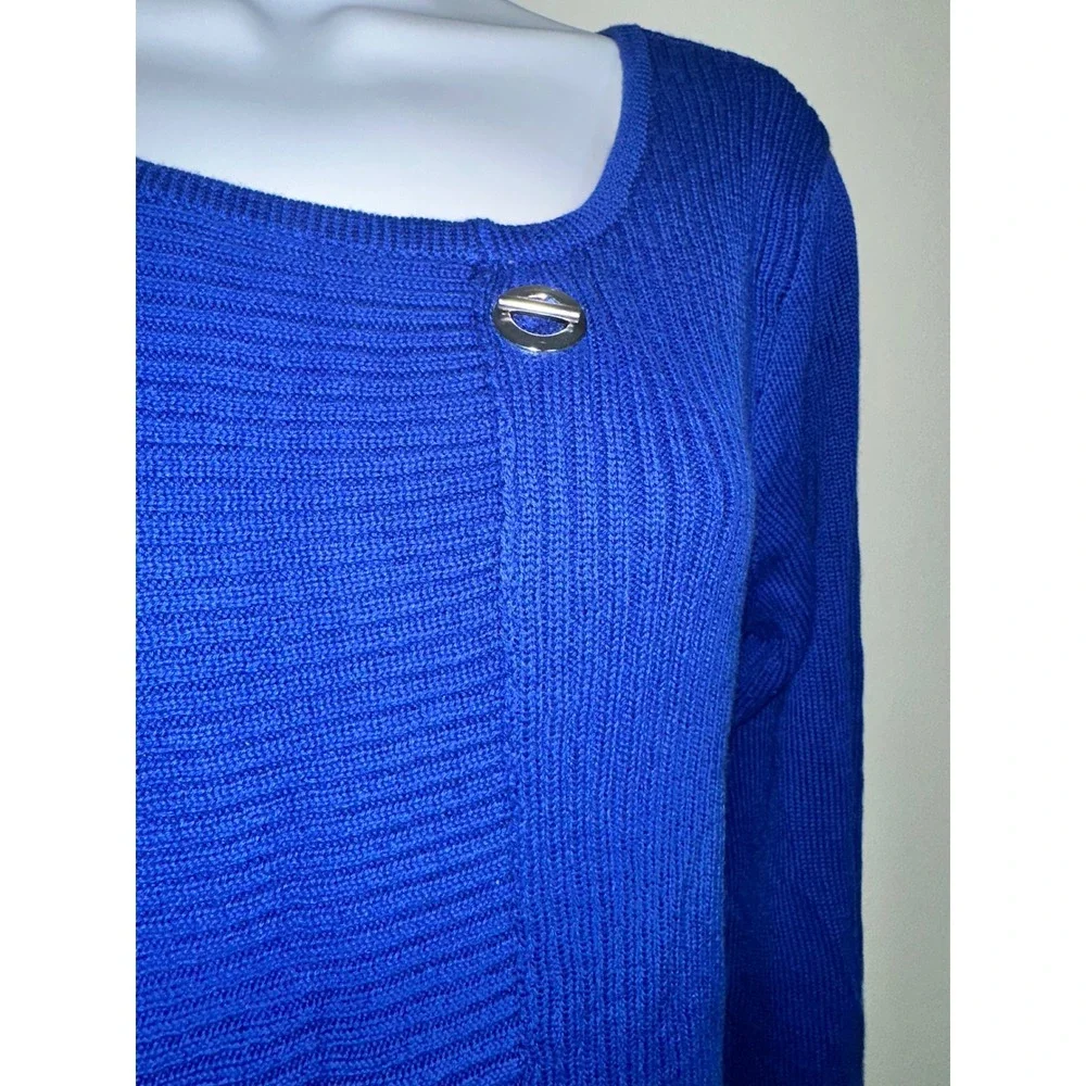 Lulu-B Royal Blue Ribbed Knit Asymmetrical Silver Ring Pullover Sweater Womens M
